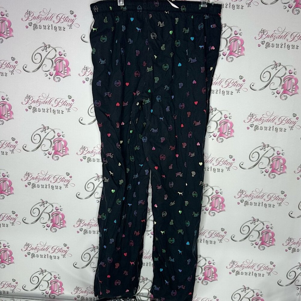 Victoria secret pink pj bottoms shiny shimmer logo print black multi color